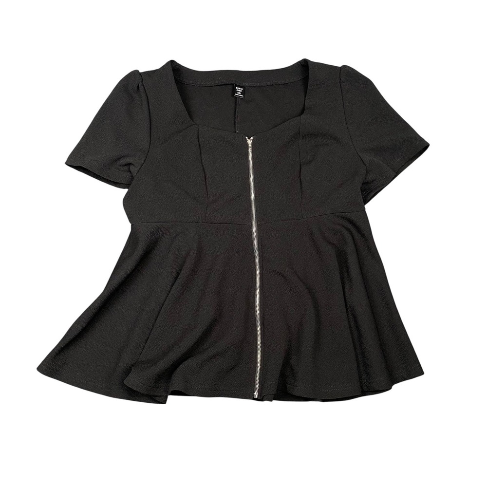 Shein 1XL Black Peplum Top Square Neck Short Sleeve Zipper Front Blouse 272
